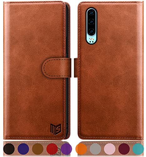 SUANPOT [RFID Schutz für Huawei P30 Hülle PU Leder Handyhülle Lederhülle Klapphülle Kartenfach Flip Cover für Huawei P30 Handy hülle Leather Wallet Phone Case Hellbraun