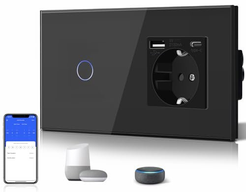 BSEED Interruttore della luce WLAN (neutro richiesto), 1 interruttore WiFi a 1 via, con presa non WiFi, USB C in vetro, interruttore intelligente compatibile con Alexa/Tuya/Google Home/SAMRT LIFE