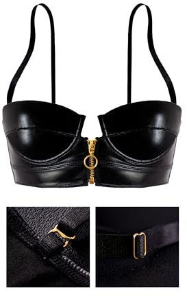 LOVE YOU SEXY Damen Kunstleder Balconette BH mit Front Offener Reißverschluss, Schwarz BH, 85C