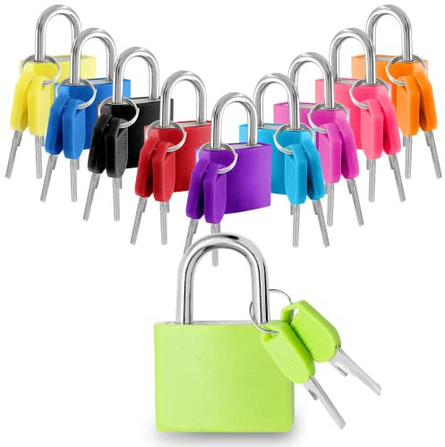 Lot de 10 serrures de valise avec clés, petits cadenas en métal pour l'école, la salle de sport (10 couleurs, 3,3 x 2,3 cm)