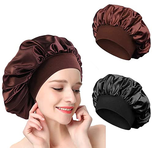2 Pieces Bonnet Satin Cheveux Nuit, pour Femme, Bonnet en Satin à Bande Élastique Douce (Couleur Café+Noir)