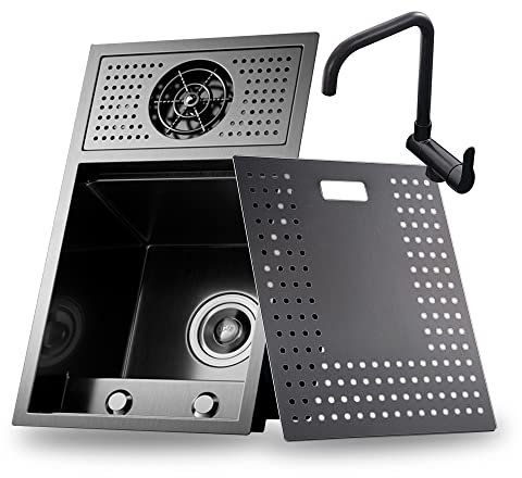 Fregadero de cocina negro oculto, fregadero de un solo cuenco para exteriores, con cubierta de fregadero, lavadora de vidrio, fregaderos de caravana para una cocina de caravana ( Size : 58*32*23cm )