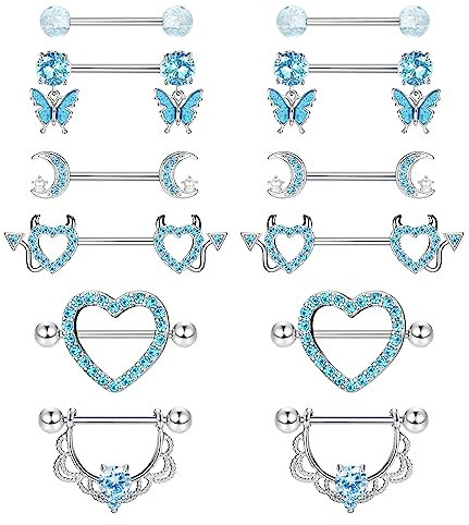 CASSIECA 6 Paires 14G Piercing Téton pour Femme en Acier Chirurgical - Coeur CZ, Papillon, Langue, Mamelon - Barbell Bijoux Bleu