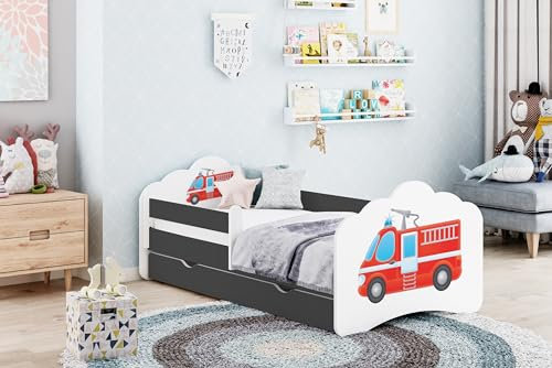 Happy Babies MOBI Kinderbett 160x80 mit Rausfallschutz & Schubladen Kinderzimmer Bett mit Matratze 80x160 Kinder-Bett für Jungen Feuerwehrauto-Muster