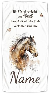 GRAZDesign Handtuch Pferd mit Namen Personalisiert Badetuch, Badehandtuch Kinder 140x70cm | Duschtuch Strandtuch Pferde Mädchen Geschenk Reiten Spruch: EIN Pferd verleiht Uns Flügel