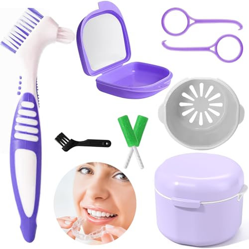 Prothesenbürste Set,Zahnprothesen Behälter Prothesen Bade Box,Prothesendose Mit Spiegel,Mit 2X Aligner Entfernungswerkzeug für 2 Aligner Chewies Zahnspangen Oder Zahnersatz Reinigen Und Aufbewahren