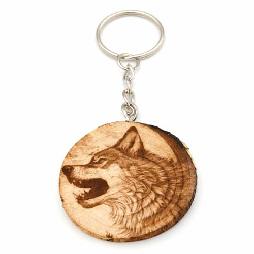 Promotech Loup - Roi de la nuit Porte-clés en bois gravé au laser à la main, Bois naturel, W5L5
