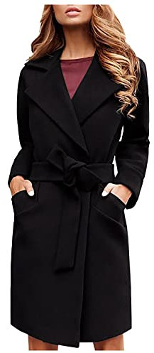 Damen Winter Mittellanger Mantel Revers Cardigan Wollfleece Casual Mantel Mit Gürtel Wintermantel Jacke Temperament Elegant Trenchcoat Formale Helle Trenchcoat, Schwarz , 38