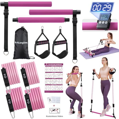 ALongSong Bandas De Resistencia Juego De Barra De Pilates Con 4 Bandas De Ejercicio De Látex 30/40 Libras Entrenamiento En Casa Fitness para Yoga, Estiramiento, Esculpir, Torcer, Sentarse