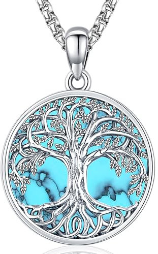 Friggem Collier Arbre de Vie en Argent Sterling 925 avec Pendentif Arbre de vie Turquoise, Arbre Généalogique Bijoux pour Femmes Fille (L-Collier arbre de vie)