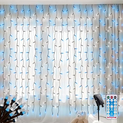2M X 2M Curtain Lights Indoor Outdoor Fairy Lights,200LEDs Diamond Shape Hanging Backdrop Curtain Fairy Lights for Room,Waterfall Icicle Lights Solar Powered,Black Wire with 8Mode,Remote(Blue+White)
