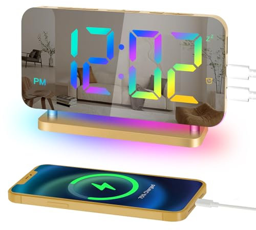 Digital Alarm Clock, Alarm Clock Bedside, 7.4''LED Mirror with 10 Modes RGB Night Light, Adjustable Brightness, USB Mains Powered, Digital Clock for Bedroom Living Room Office - Gold
