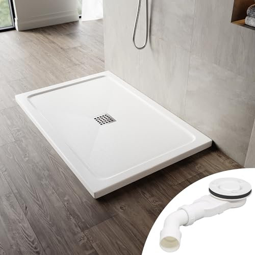 SONNI 120x80x4 cm Quadratische Form Duschtasse - mit flachem Design, Rutschfeste Duschwanne aus, Material SMC, Mittige Entwässerung, inklusive Ablaufgarnitur