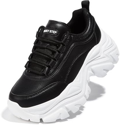LUCKY STEP Chunky Turnschuhe für Damen, modische Plateau-Lässige Schuhe, Bequeme Keilabsatz Sneaker (Schwarz/Weiß, 7US-37EU-4UK)
