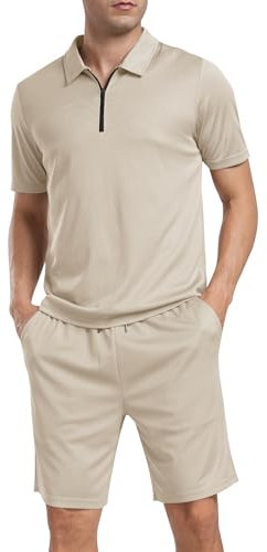 JINSHI Trainingsanzug Herren Freizeitanzug Sportanzug Kurzarm Poloshirt mit Reißverschluss Sportshorts mit Taschen Sommer Jogginganzug 2-Teiliges Outfit Sets Khaki L