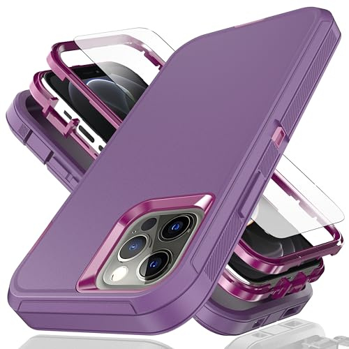 YmhxcY for iPhone 12 Case iPhone 12 Pro Case 6.1-Inch with Explosion-Proof Screen Protector,3 in 1 Shockproof TPU Hard PC Bumper Drop-Proof Shell for iPhone 12/iPhone 12 Pro-Purple