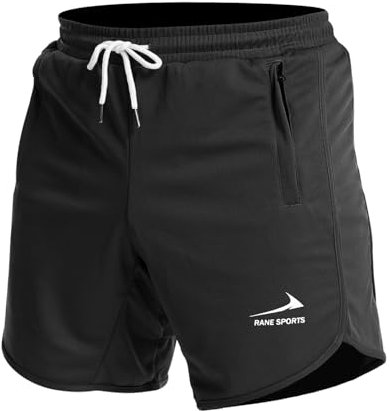 Herren Sportshorts, Laufenshort, Fitness-Training, Gymnastikshorts mit Reißverschlusstaschen Schwarz/mit Handtuchschlaufe L