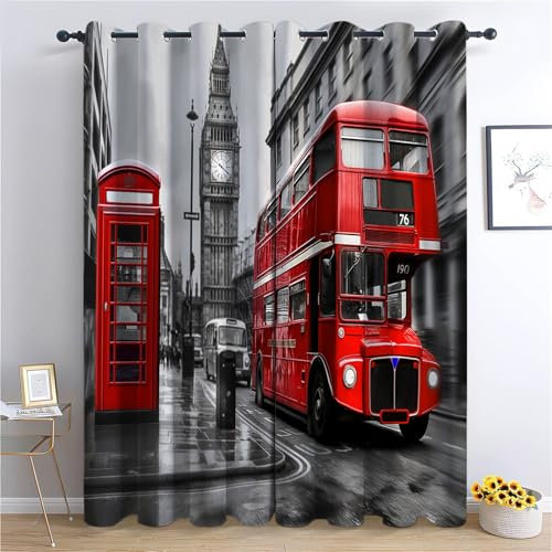 Verdunklungsvorhänge Gardinen mit Ösen Blickdichte Vorhänge Lärmschutzvorhang für Kinderzimmer Gardinen mit Roter Londoner Bus Und Alte Telefonzelle Muster, 214x91.5 cm, Graue Stadtlandschaft 2er Set