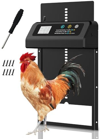 Hühnerklappe automatisch mit Zeit/Handmodus, Aluminiumlegierung automatische Hühnerklappe, elektrische Hühnertür kältetauglich | LCD-Bildschirm | Anti-Klemm (Schwarz)