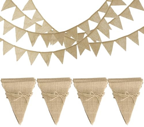 4 Pcs Banderines Decorativos Tela, Banderines Fiesta Tela Yute, Banderas Guirnaldas Decorativas para Decoracion Habitacion Jardines (54 Pcs Banderines Triangulares de Yute de Lino, 3,8 m x 4 Pcs)