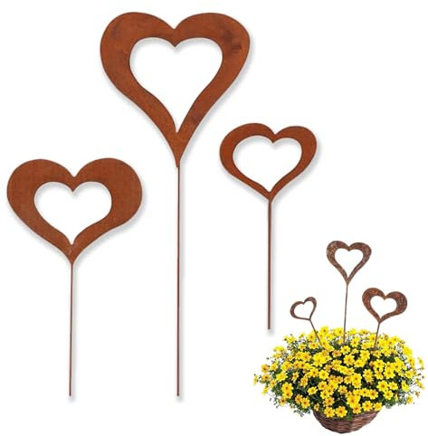 cuhostki Herzen Stecker Gartendeko, 3 stück Blumentopf Deko Stecker Herz aus Edelrost Metall, Design Gartendeko für Garten Beet Roststecker Blumenstecker