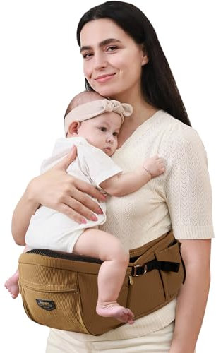 SUNVENO Hüftsitz Babytrage – Ergonomischer Hüftsitz Baby, Rutschfeste Sitzfläche, Verstellbarer Taillengurt, Bequemer Babyträger mit Sitz und Taschen, Fronttrage für Neugeborene bis 20 kg, Braun