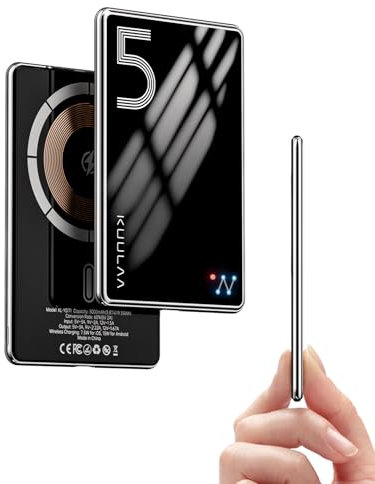 Power Bank Ultra Slim,MagSafe PowerBank 5000mAh 6.9mm,PD20W Kleine Powerbank Magnetische Wireless Externe Handyakkus für iPhone 16 Pro/15/14/13/12 Series,Aber Stark Schutzglas