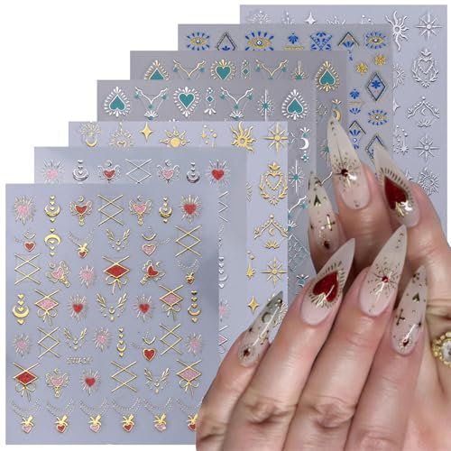 GZMAYUEN 7 Blätter Nagelsticker 3D Geprägtes Heißprägen Sun Moon Stars Design Gold Nail Art Aufkleber, Retro-Stil Selbstklebend Nail Art Stickers für Frauen Maniküre