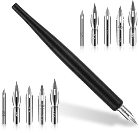 Bewudy 11 Pieces Comic Pen Nib Set, Ink Nib Stainless Steel Drawing Comic Pen Nib, Calligraphy Nibs with Wooden Comic Pen Nib Holder for Writing Painting Signing (Black)