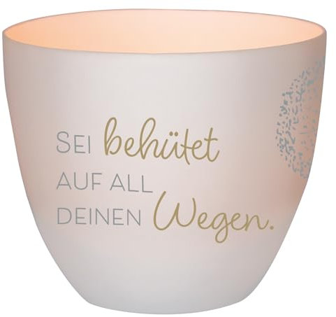 Butzon & Bercker - Windlicht aus Porzellan - Sei behütet auf All deinen Wegen. LichterZeit: Weißes Keramik-Licht mit Spruch und zarten Pusteblumen. EIN kleines Geschenk mit den Maßen Ø 9 x 8 cm
