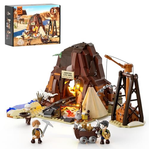 FUNWHOLE Goldmine Bauset mit Beleuchtung – 658 Bausteine Western Mining Camp mit funktionierendem Lorenwagen, Dynamit, doppelseitigen Minifiguren & Tunneln – Wildwest Set für Erwachsene & Jugendliche