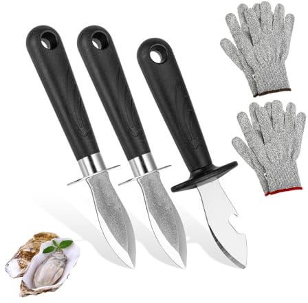 FHISKUNYU ​Austernmesser Set 5-teilig​ – ​Multifunktions Austernöffner​ mit 420 Edelstahl, ​rutschfester Griff​ & Seitenschutz – Inkl. 2x Schutzhandschuhe für Muscheln, Flaschenöffner & Küchenwerkzeug