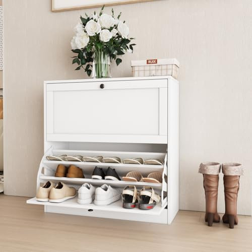 VOWNER Schuhschrank mit 2 Klappen, Schuhregal Schuhkipper Schmal, mit 6 Fächern, Schuhschrank Weiss, Verstellbar, Anti-Kipp-Vorrichtung für Eingangsbereich, Flur, 80 x 30 x 80 cm