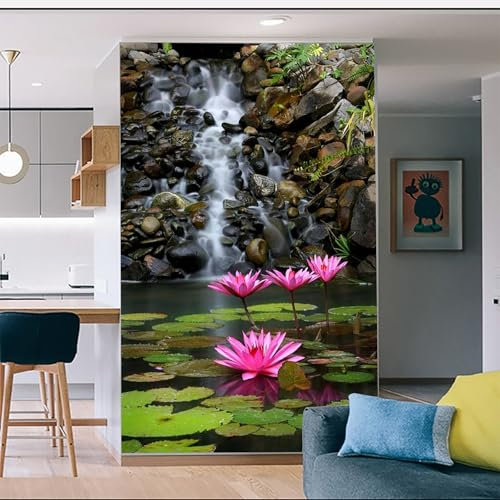 Waterfall and Pink Water Lilies Scene - Custom Size Wall Murals Removable Large Photo Wallpaper for Living Room, Bedroom,Office,Self-Adhesive Wallcovering,No PVC