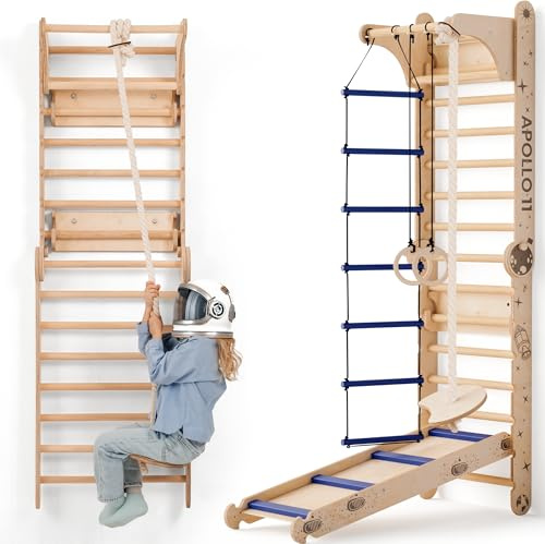 Goodevas Apollo 6-in-1 Swedish Wall & Moon Set - NASA-Inspired Indoor Climbing Frame for Kids, Space-Themed Gym with Slide, Ladder, Rope & Moon Rings - for Little Astronauts Ages 3-10