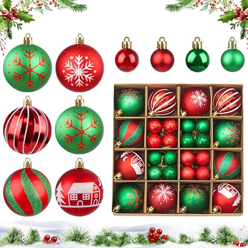 38 Stücke Kunststoff Weihnachtskugeln Rot Grün Set, Christbaumkugeln Weihnachtsbaumkugeln Plastik, Baumschmuck Weihnachten, Weihnachtskugeln Kunststoff Deko Outdoor Indoor