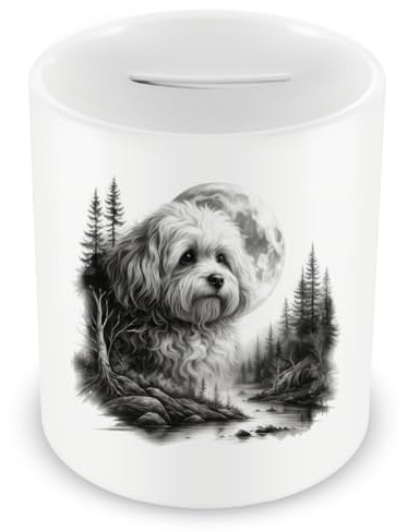 Samunshi® Spardose mit dem Motiv Bolonka Zwetna im Wald - Spardose für Bolonka Zwetna Fans Sparschwein mit Hunde Motiv Sparbüchse Cash Money Geld weiß 330ml