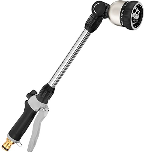 FANHAO bevattningsstav kraftig, 40 cm metall trädgårdsslangstav med 8 sprutmönster, lång slangmunstycksspruta med på/av tumkontroll, perfekt för att hänga korgar, buskar, trädgård och gräsmatta