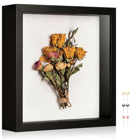 MUXIUNT 8x8 Inch Shadow Box Frame with Real Glass Panel & Soft Linen Back | With Push Pins and Stand, 1.2-inch Deep Black Shadow Box Display – Tabletop or Wall Mount for Photos, Crafts, and Keepsakes