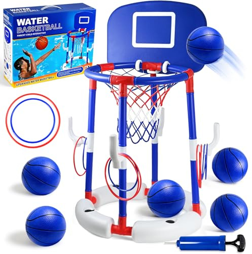 Joellfuner Canestro da Basket per Piscina, Canestro Piscina Galleggiante, Set da Canestro Basket Piscina, con 6 Palloni e Pompa, Gioco Acqua Cerchi da Lancio, Giochi Piscina per Bambini Adulti (Blu)