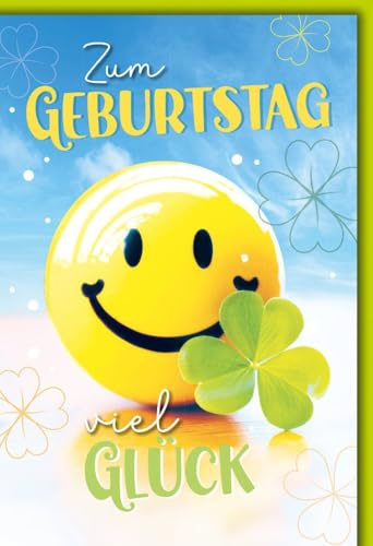 Geburtstagskarte Lustig - Viel Glück - Smiley mit Kleeblatt und fröhlichem Design - Klappkarte mit Umschlag Glückwunschkarte Geburtstag