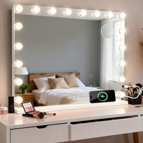 MIQU Hollywood Spiegel mit Licht 80 x 60 cm, Tisch Schminkspiegel mit Beleuchtung, 3 Farbmodig & USB/Type-C-Ladefunktion, groß Make Up Spiegel für Schminktisch mit 18 LED Lampen Weiß
