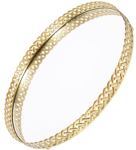 GALPADA Plateau de Toilette Miroir Doré en Fer Rond Design Simple pour Organiser Bijoux et Parfums, Rangement Élégant pour Petits Objets en Salon ou Boutique