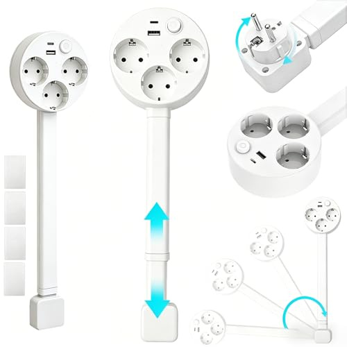 Enchufe Extensible Giratorio-con 3 Tomas de Corriente AC, USB y Type-C Puerto, Extensión extraíble 47–67cm, Extensor de Enchufe para Muebles Traseros y Espacios Apretados, Potencia Total máx 1500W