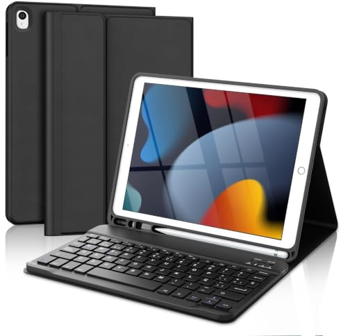 Funda Teclado para iPad 9/8/7 Generación 10,2/Air 3 10,5/Pro 10,5” | QWERTY Español Ñ, Magnético Desmontable Bluetooth Teclado, Funda con Portalápices, para iPad 10,2 2021/2020/2019(Negro)