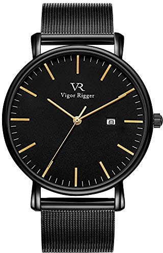 BUREI Vigor Rigger Herren Quarzuhr ultradünne Schwarz Armbanduhr für Herren Classic Minimalistisches Design mit Datum Kalender und Edelstahlband