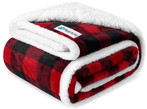 PetAmi wasserdichte Hundedecke für mittelgroße und große Hunde, Welpen, Katzen, Überwurf für Couch, auslaufsicherer Schutz, Sherpa-Fleece, wendbar, weich, waschbar, 152 x 102 cm, kariert, Rot