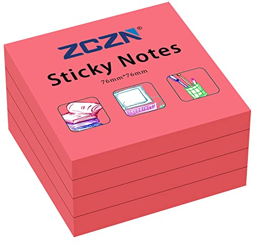 ZCZN 76 x 76 mm Sticky Notes, 100 Sheets/Pad, 4 Pads, Red