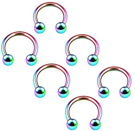 KJM FASHION 6 Stk Regenbogen Eloxiert Hufeisen Ohr 1.2 mm 16gauge 3mm Stahl Kugel Septum Nose Lip Tragus Ohrringe Cartilage Piercing Schmuck 4677