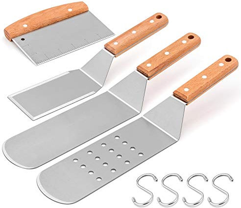 HaSteeL Lot de 4 spatules en métal Professionnel en Acier Inoxydable avec Manche en Bois riveté, spatule pour Barbecue Teppanyaki